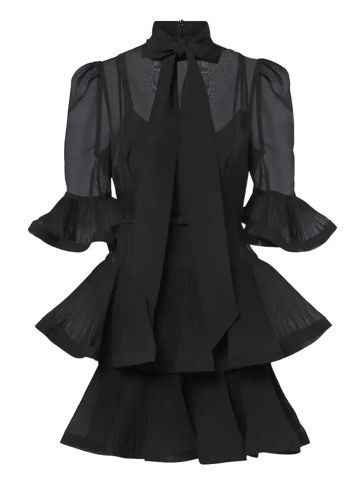 Pleated tie-neck minidress