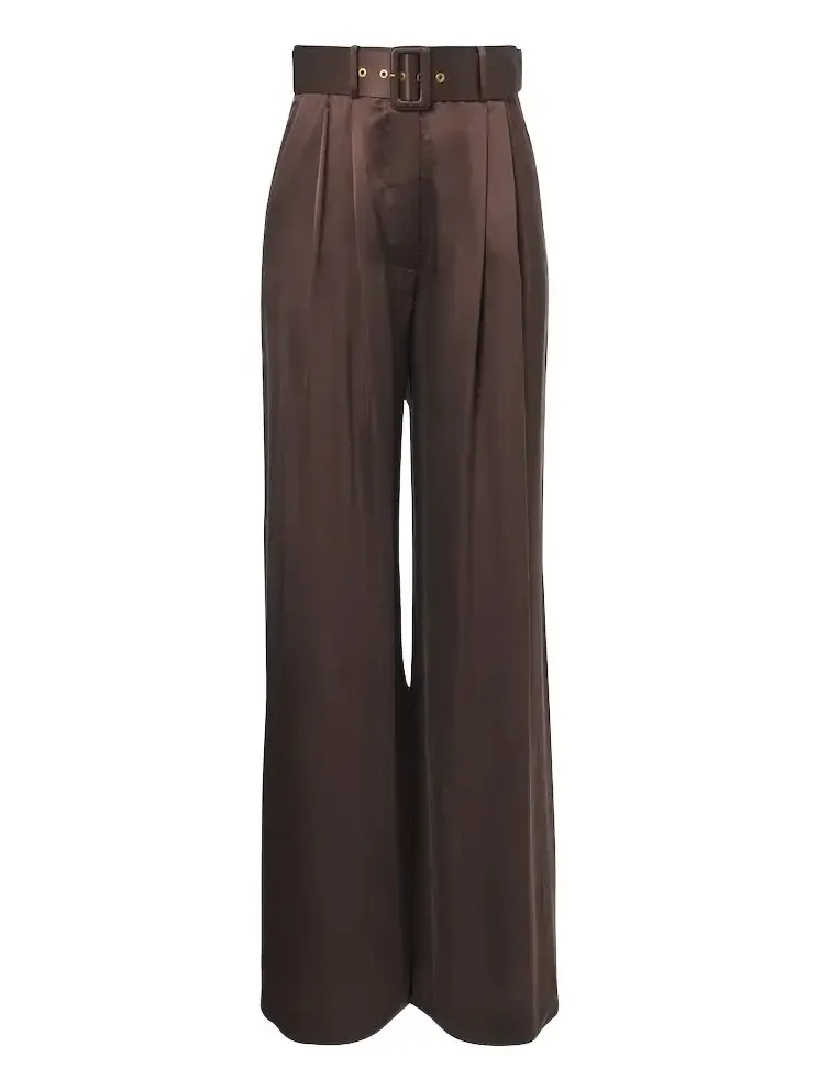 Belted pleated silk satin wide-leg pants