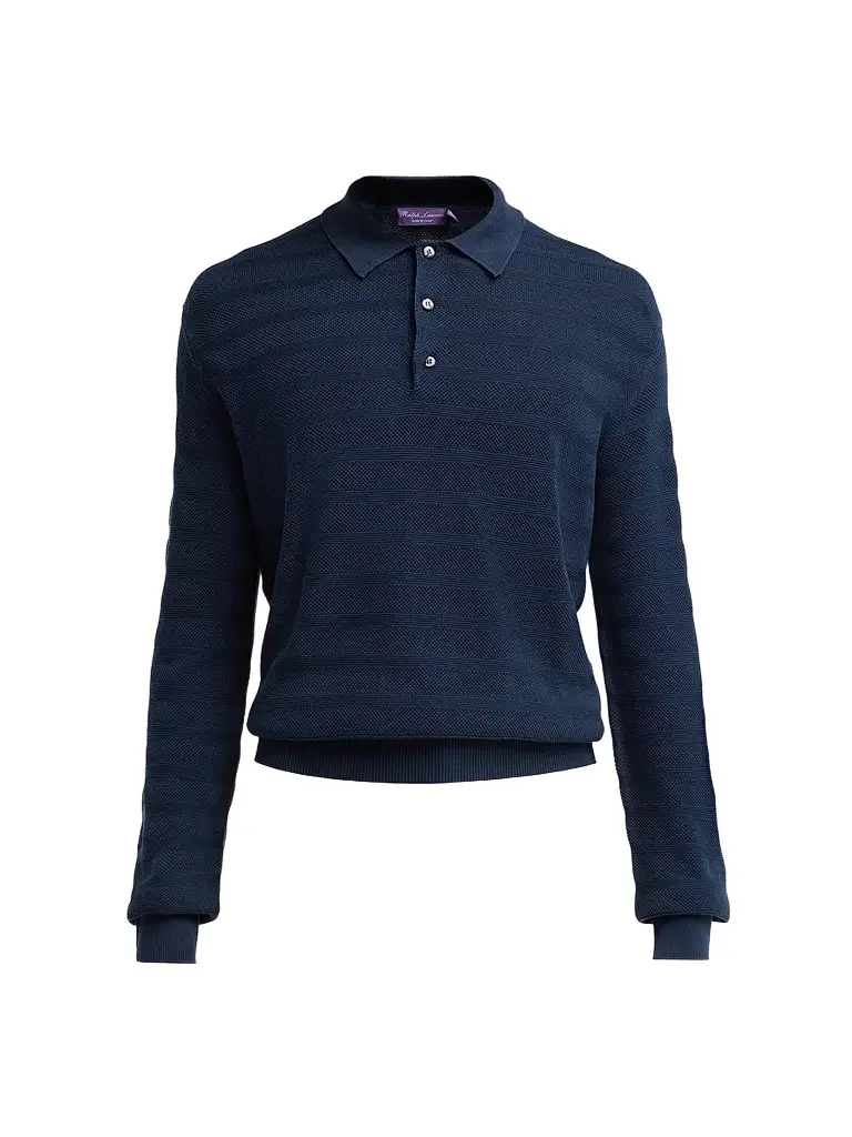 Ralph Lauren Purple Label Men's Tonal Textured Stripe Knit Polo Sweater | Image 1 Ralph Lauren Purple Label Men's Tonal Textured Stripe Knit Polo Sweater | Image 1