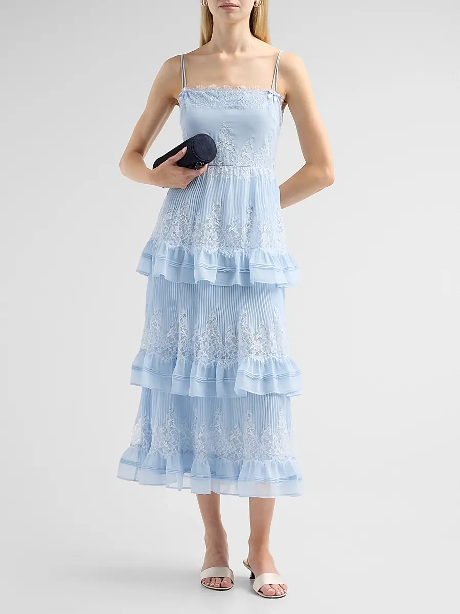 Self-Portrait Women's Chiffon Lace Tiered Midi Dress | Thumbnail 2