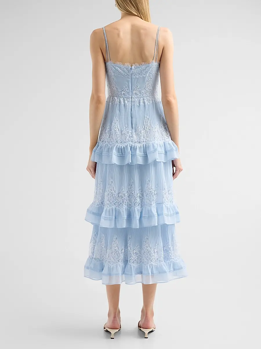 Self-Portrait Women's Chiffon Lace Tiered Midi Dress | Thumbnail 3