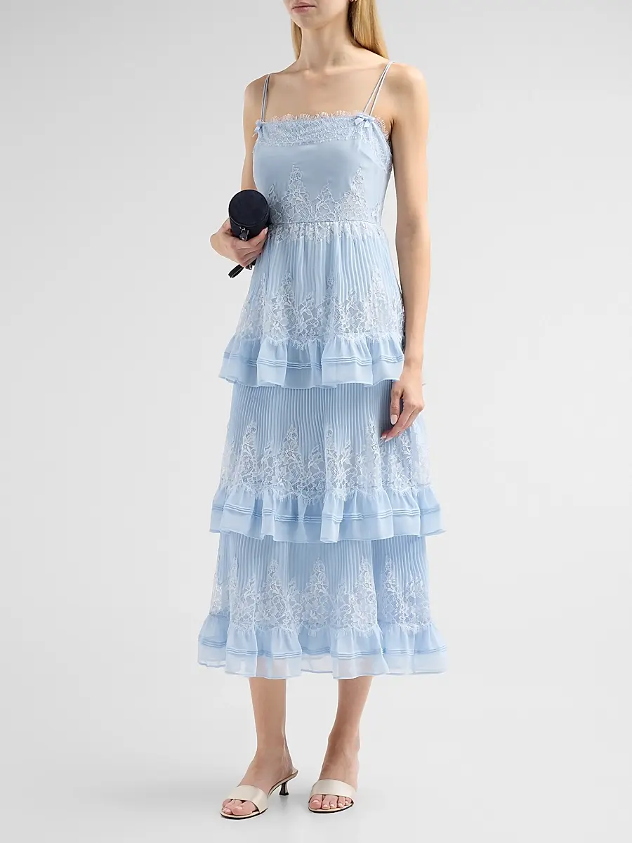 Self-Portrait Women's Chiffon Lace Tiered Midi Dress | Thumbnail 4