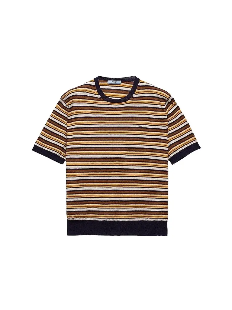 Prada Women's Short-Sleeved Striped Cashmere Sweater - Blue Multicolor - Size 10 | Image 1 Prada Women's Short-Sleeved Striped Cashmere Sweater - Blue Multicolor - Size 10 | Image 1