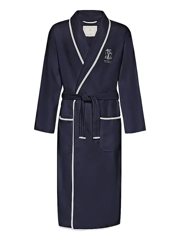 Women's Cotton Terrycloth Bathrobe with Linen Trims - Navy Blue