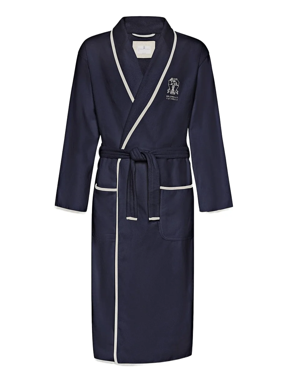 Women's Cotton Terrycloth Bathrobe with Linen Trims - Navy Blue Women's Cotton Terrycloth Bathrobe with Linen Trims - Navy Blue