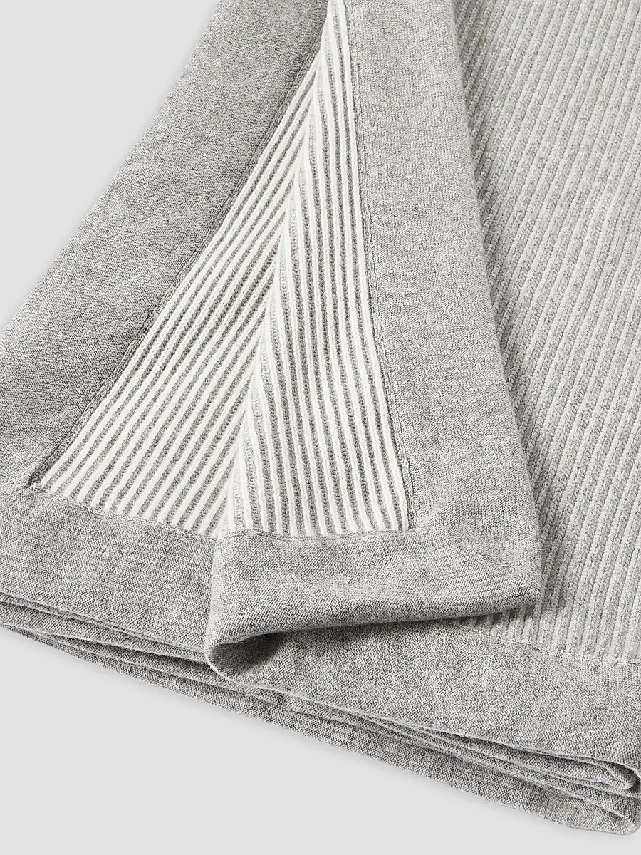 Brunello Cucinelli Cashmere English Rib Knit Throw with Contrast Borders - Medium Grey | Thumbnail 3 Brunello Cucinelli Cashmere English Rib Knit Throw with Contrast Borders - Medium Grey | Thumbnail 3