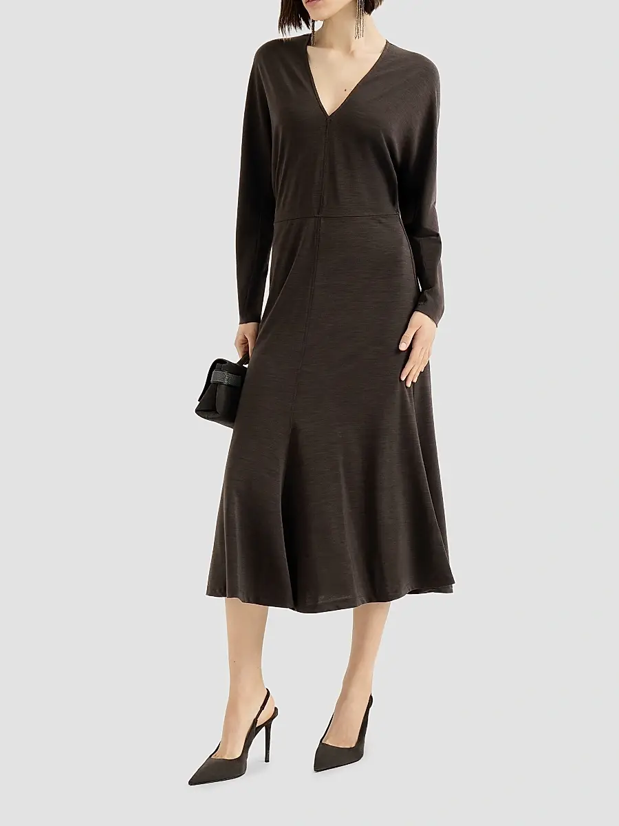 Brunello Cucinelli Women's Techno Wool Jersey Dress with Monili - Coffee | Thumbnail 2 Brunello Cucinelli Women's Techno Wool Jersey Dress with Monili - Coffee | Thumbnail 2