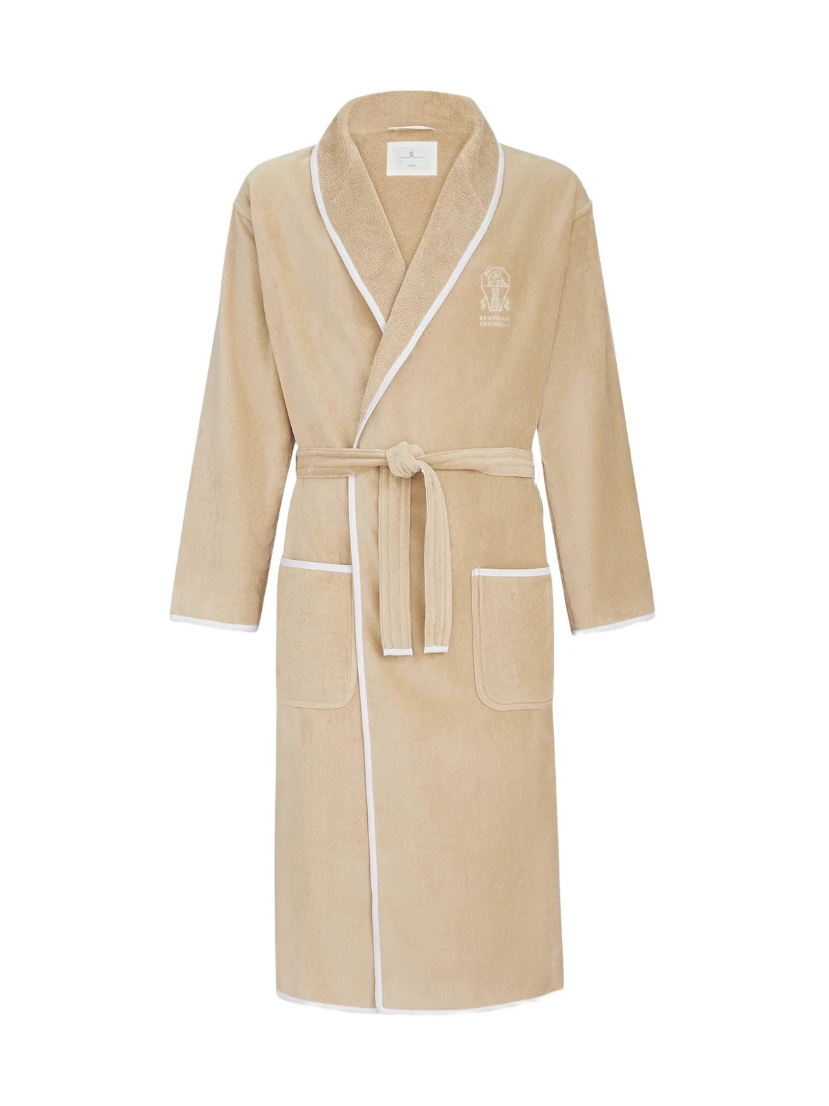 Women's Cotton Terrycloth Bathrobe with Linen Trims - Warm Beige