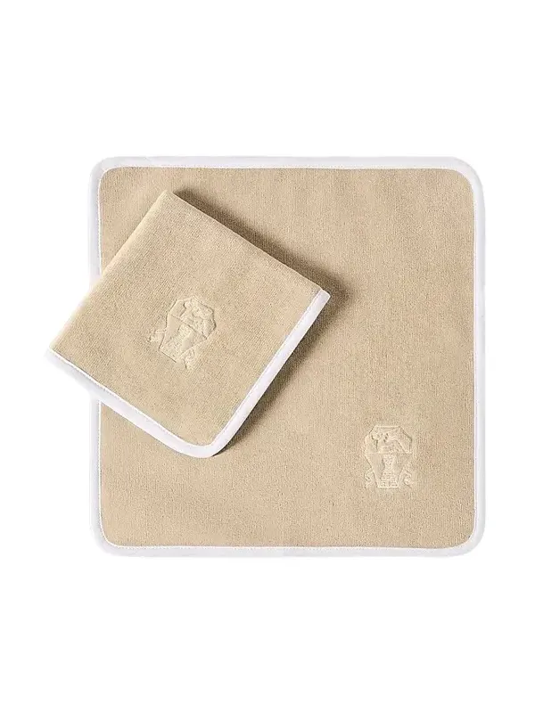 Brunello Cucinelli 2 Piece Cotton Terrycloth Hand Towel Set with Embroidery - Warm Beige