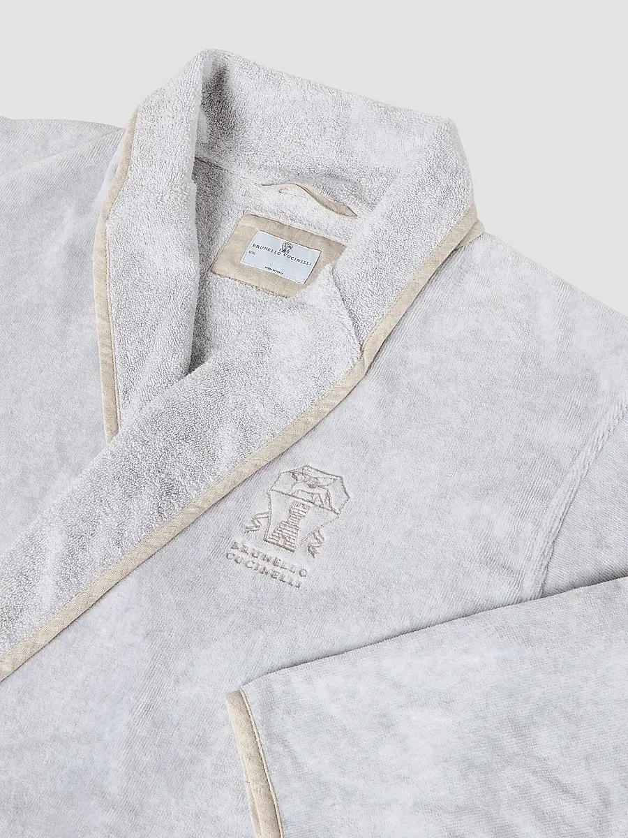 Brunello Cucinelli Women's Cotton Terrycloth Bathrobe with Linen Trims - Light Grey | Thumbnail 2 Brunello Cucinelli Women's Cotton Terrycloth Bathrobe with Linen Trims - Light Grey | Thumbnail 2