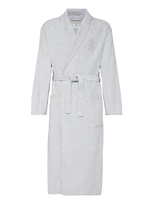Women's Cotton Terrycloth Bathrobe with Linen Trims - Light Grey Women's Cotton Terrycloth Bathrobe with Linen Trims - Light Grey