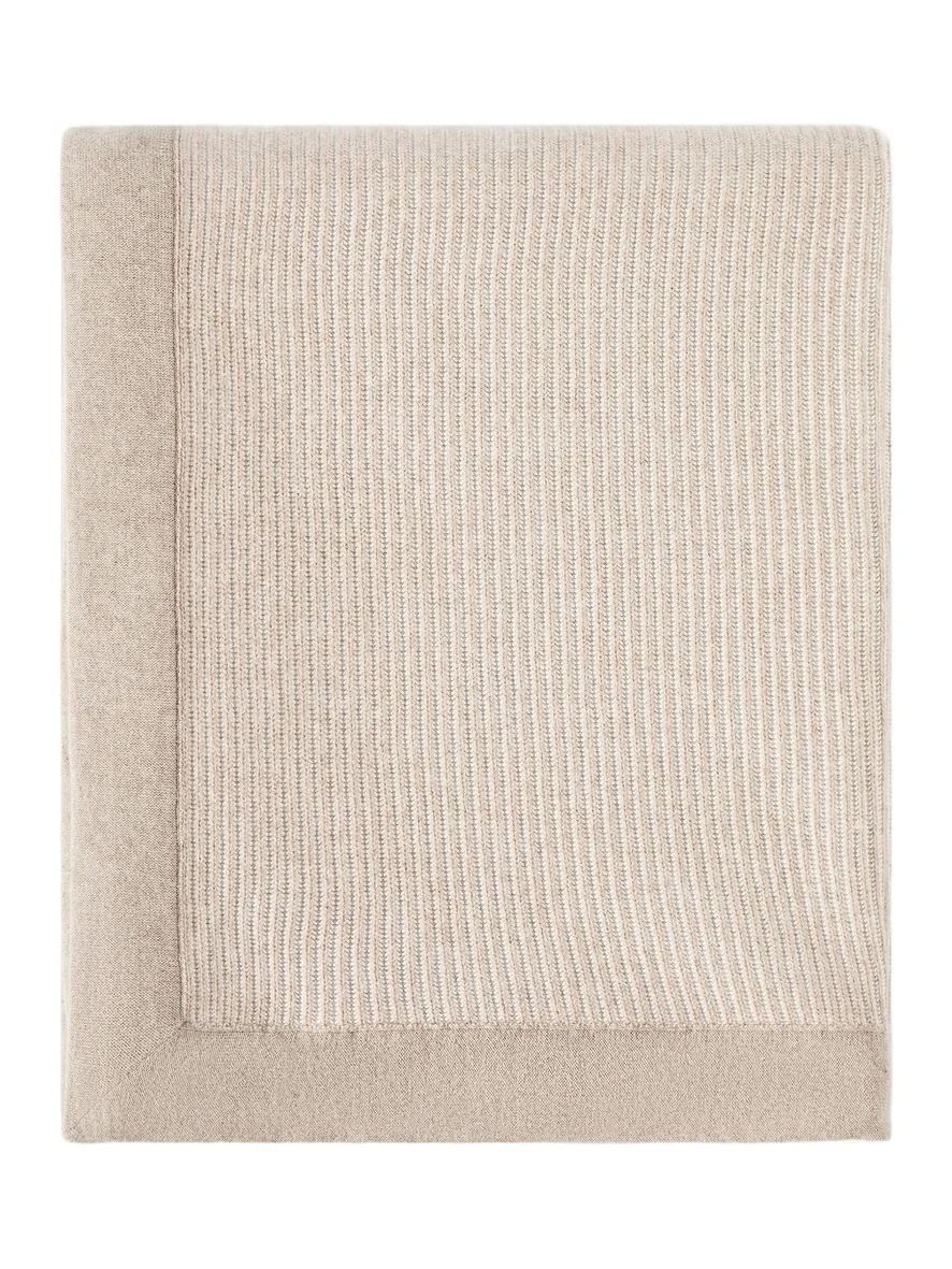Brunello Cucinelli Cashmere English Rib Knit Throw with Contrast Borders - Hazelnut