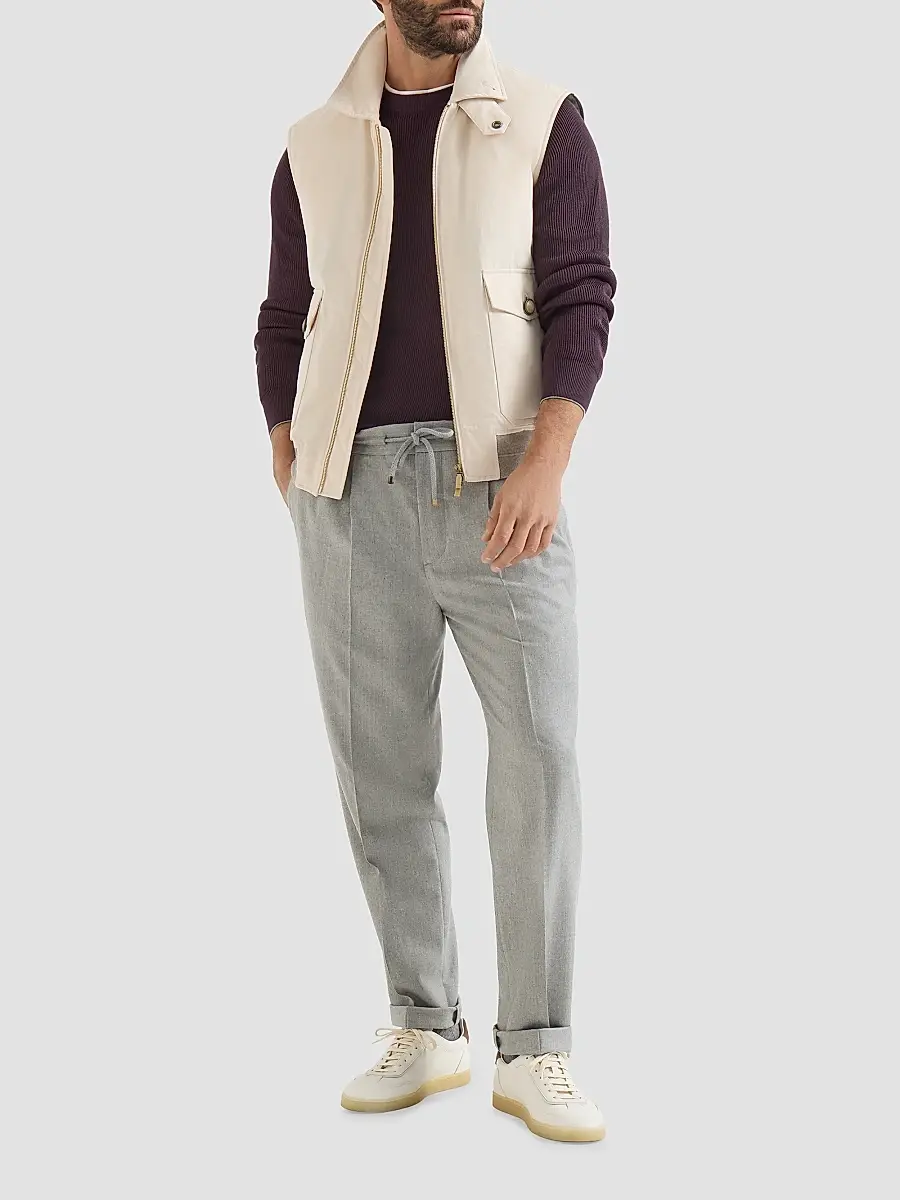 Brunello Cucinelli Men's Virgin Wool Flannel Trousers with Drawstring and Double Pleats - Pearl Grey | Thumbnail 2 Brunello Cucinelli Men's Virgin Wool Flannel Trousers with Drawstring and Double Pleats - Pearl Grey | Thumbnail 2