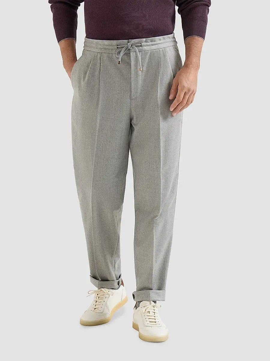 Brunello Cucinelli Men's Virgin Wool Flannel Trousers with Drawstring and Double Pleats - Pearl Grey | Thumbnail 3 Brunello Cucinelli Men's Virgin Wool Flannel Trousers with Drawstring and Double Pleats - Pearl Grey | Thumbnail 3
