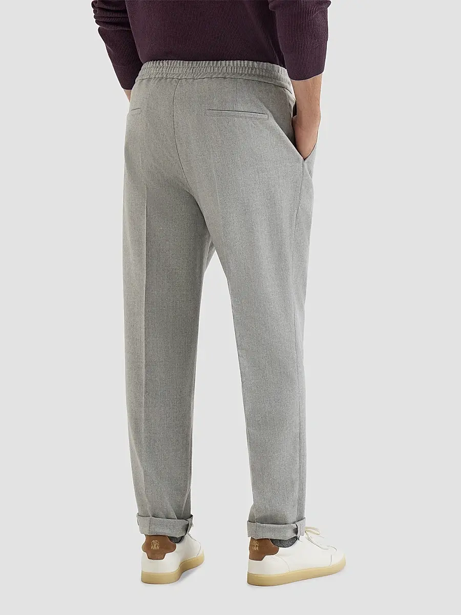 Brunello Cucinelli Men's Virgin Wool Flannel Trousers with Drawstring and Double Pleats - Pearl Grey | Thumbnail 4 Brunello Cucinelli Men's Virgin Wool Flannel Trousers with Drawstring and Double Pleats - Pearl Grey | Thumbnail 4