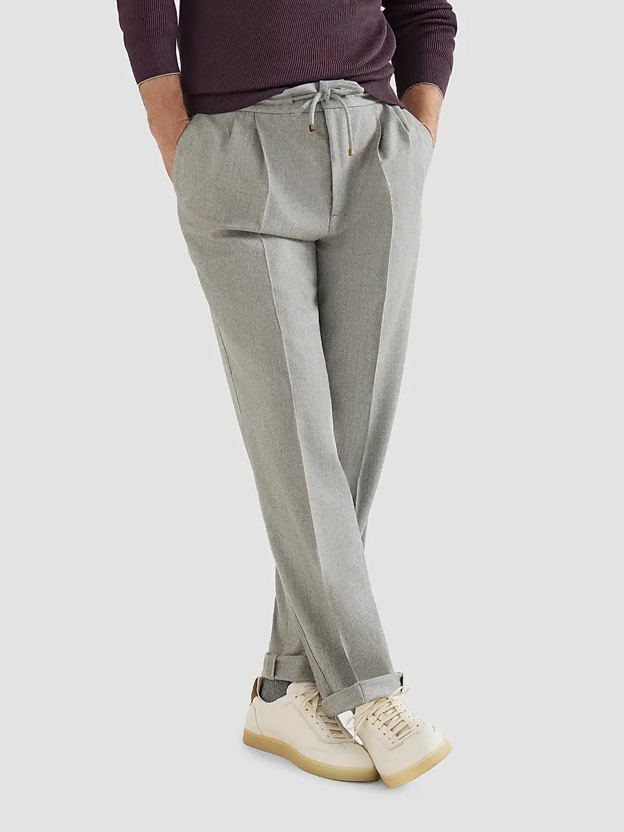 Brunello Cucinelli Men's Virgin Wool Flannel Trousers with Drawstring and Double Pleats - Pearl Grey | Thumbnail 5 Brunello Cucinelli Men's Virgin Wool Flannel Trousers with Drawstring and Double Pleats - Pearl Grey | Thumbnail 5