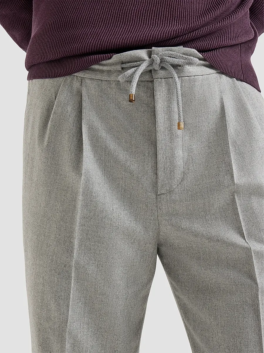 Brunello Cucinelli Men's Virgin Wool Flannel Trousers with Drawstring and Double Pleats - Pearl Grey | Thumbnail 6 Brunello Cucinelli Men's Virgin Wool Flannel Trousers with Drawstring and Double Pleats - Pearl Grey | Thumbnail 6