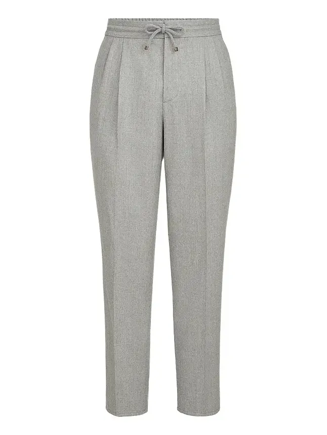 Brunello Cucinelli Men's Virgin Wool Flannel Trousers with Drawstring and Double Pleats - Pearl Grey