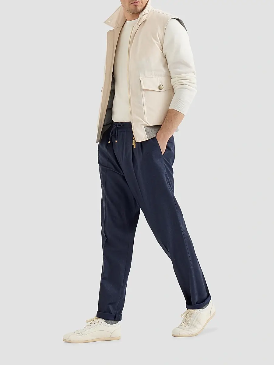 Brunello Cucinelli Men's Virgin Wool Flannel Trousers with Drawstring and Double Pleats - Marine Blue | Thumbnail 2