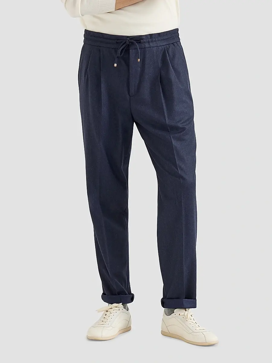 Brunello Cucinelli Men's Virgin Wool Flannel Trousers with Drawstring and Double Pleats - Marine Blue | Thumbnail 3