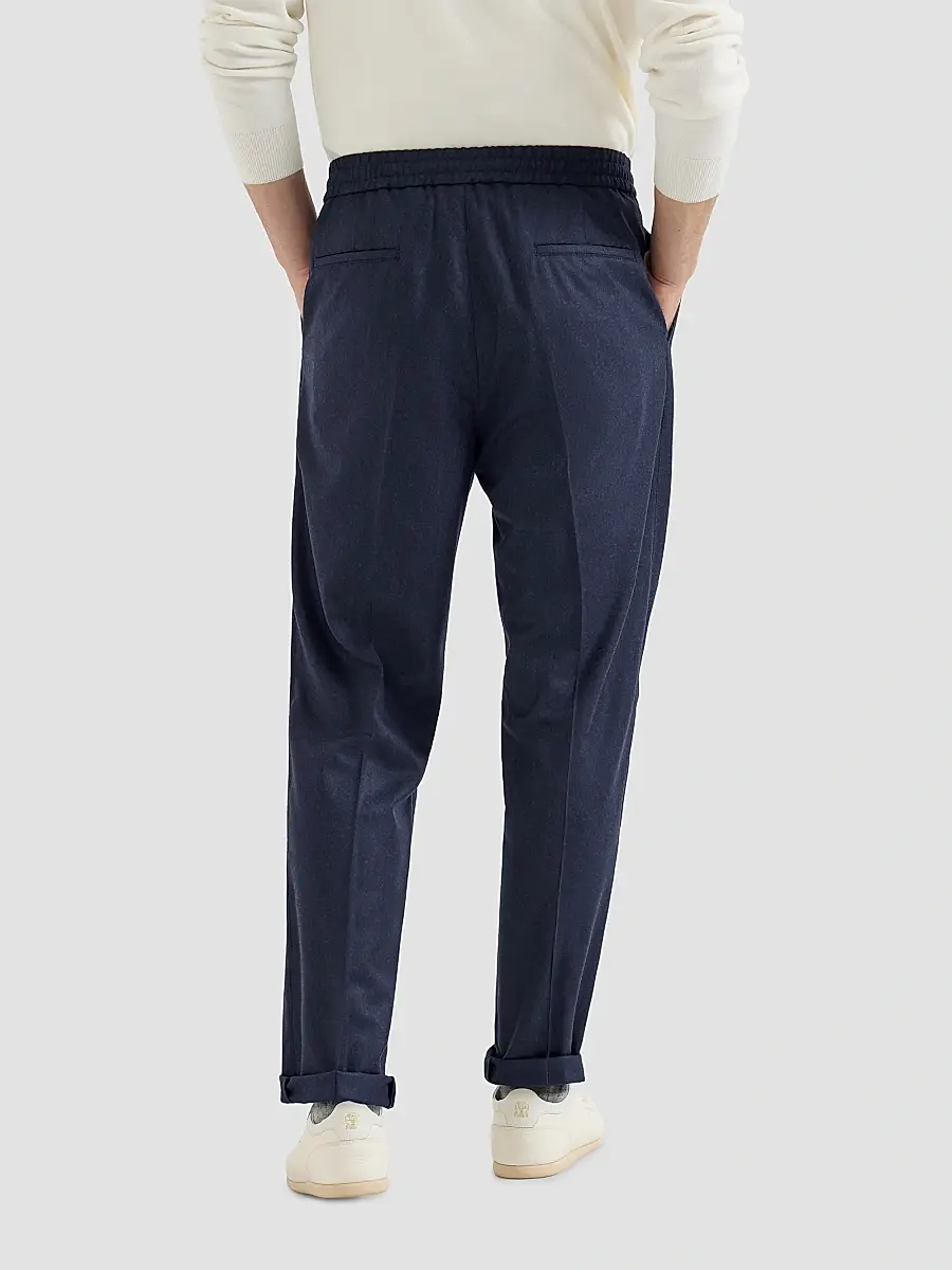 Brunello Cucinelli Men's Virgin Wool Flannel Trousers with Drawstring and Double Pleats - Marine Blue | Thumbnail 4