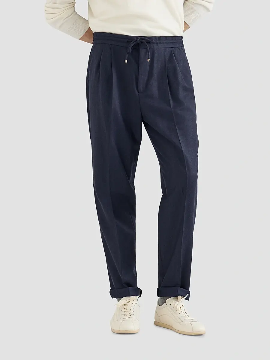 Brunello Cucinelli Men's Virgin Wool Flannel Trousers with Drawstring and Double Pleats - Marine Blue | Thumbnail 5