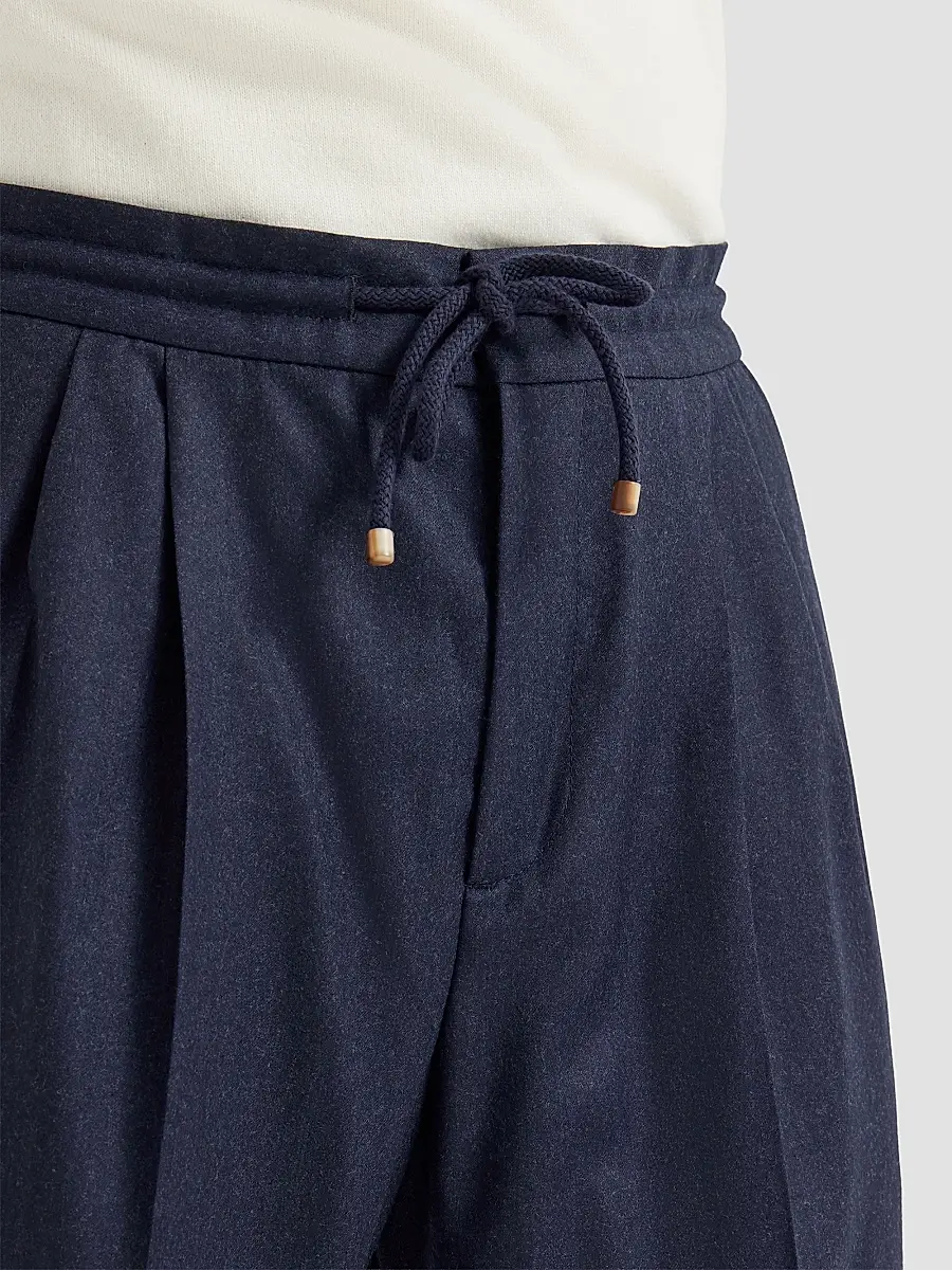 Brunello Cucinelli Men's Virgin Wool Flannel Trousers with Drawstring and Double Pleats - Marine Blue | Thumbnail 6