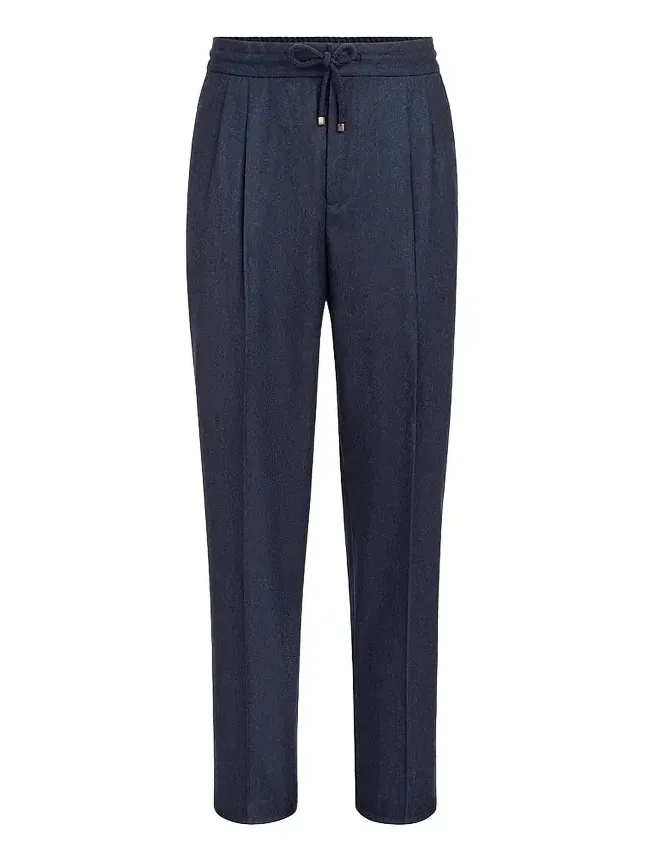 Men's Virgin Wool Flannel Trousers with Drawstring and Double Pleats - Marine Blue