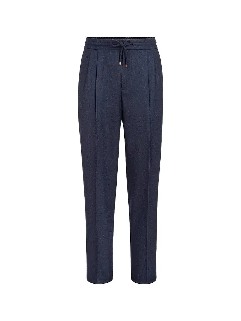 Brunello Cucinelli Men's Virgin Wool Flannel Trousers with Drawstring and Double Pleats - Marine Blue - Size 32 | Image 1 Brunello Cucinelli Men's Virgin Wool Flannel Trousers with Drawstring and Double Pleats - Marine Blue - Size 32 | Image 1