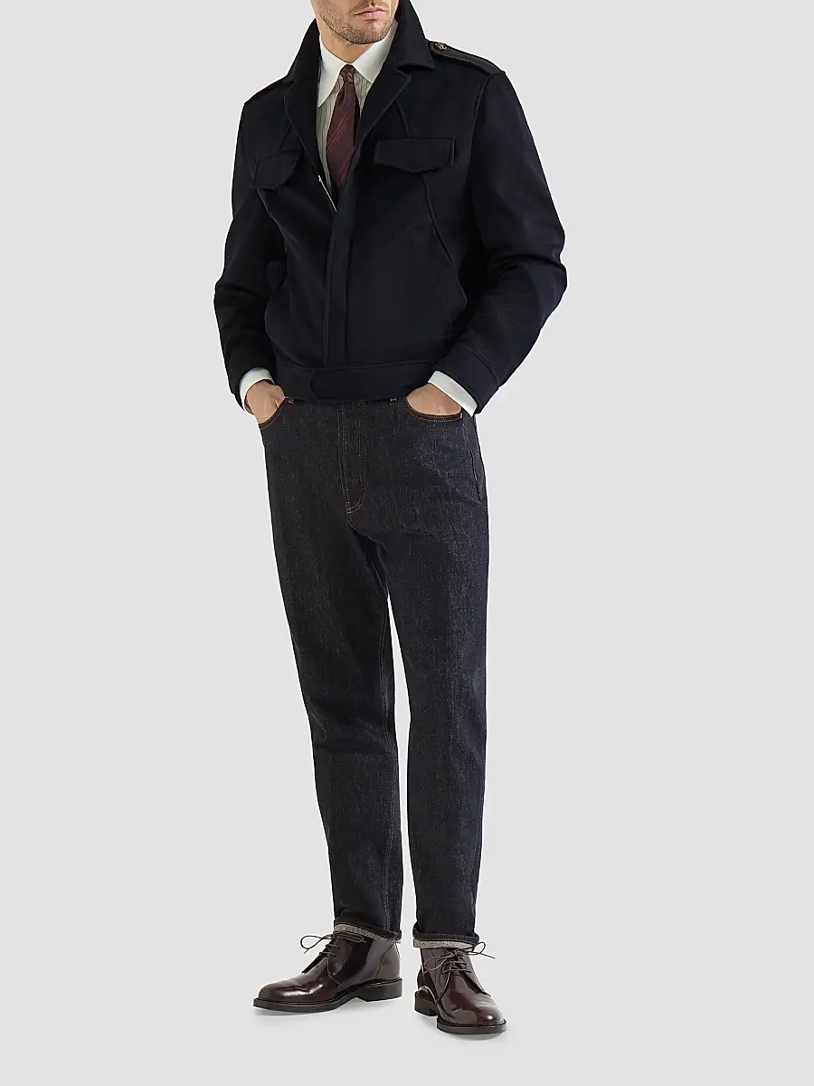 Brunello Cucinelli Men's Lightweight Virgin Wool Cloth Outerwear Jacket with Chest Pockets - Navy Blue | Thumbnail 2
