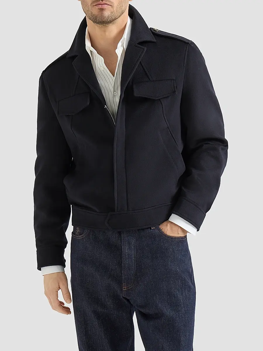 Brunello Cucinelli Men's Lightweight Virgin Wool Cloth Outerwear Jacket with Chest Pockets - Navy Blue | Thumbnail 3