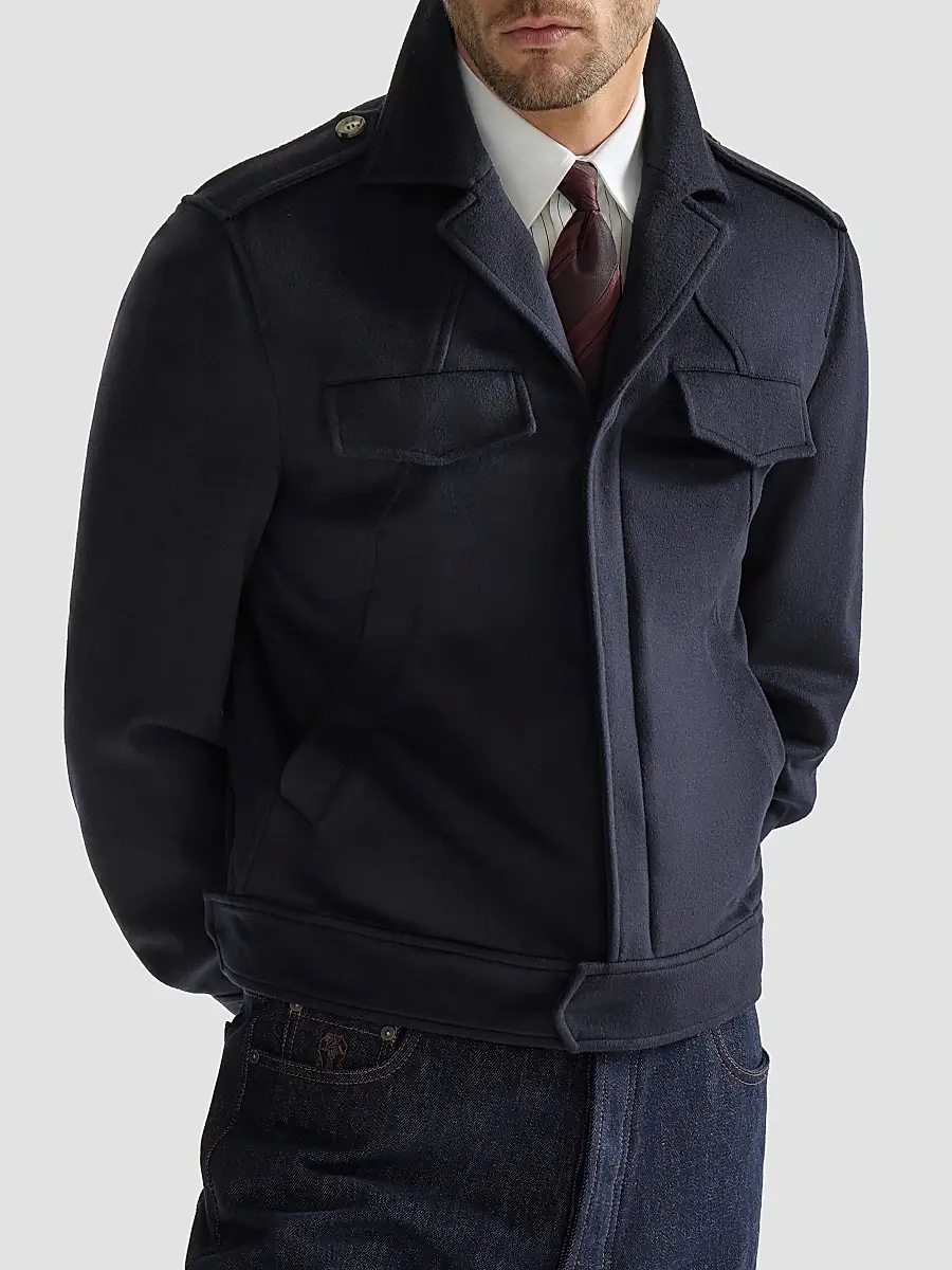Brunello Cucinelli Men's Lightweight Virgin Wool Cloth Outerwear Jacket with Chest Pockets - Navy Blue | Thumbnail 5