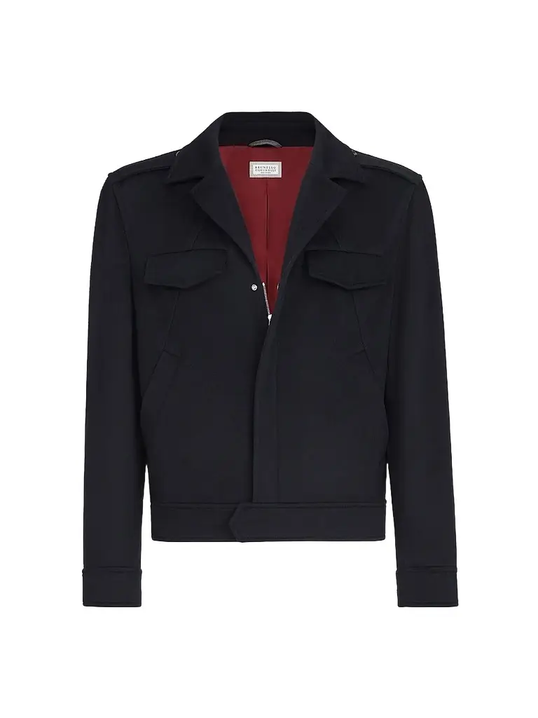 Brunello Cucinelli Men's Lightweight Virgin Wool Cloth Outerwear Jacket with Chest Pockets - Navy Blue | Image 1 Brunello Cucinelli Men's Lightweight Virgin Wool Cloth Outerwear Jacket with Chest Pockets - Navy Blue | Image 1