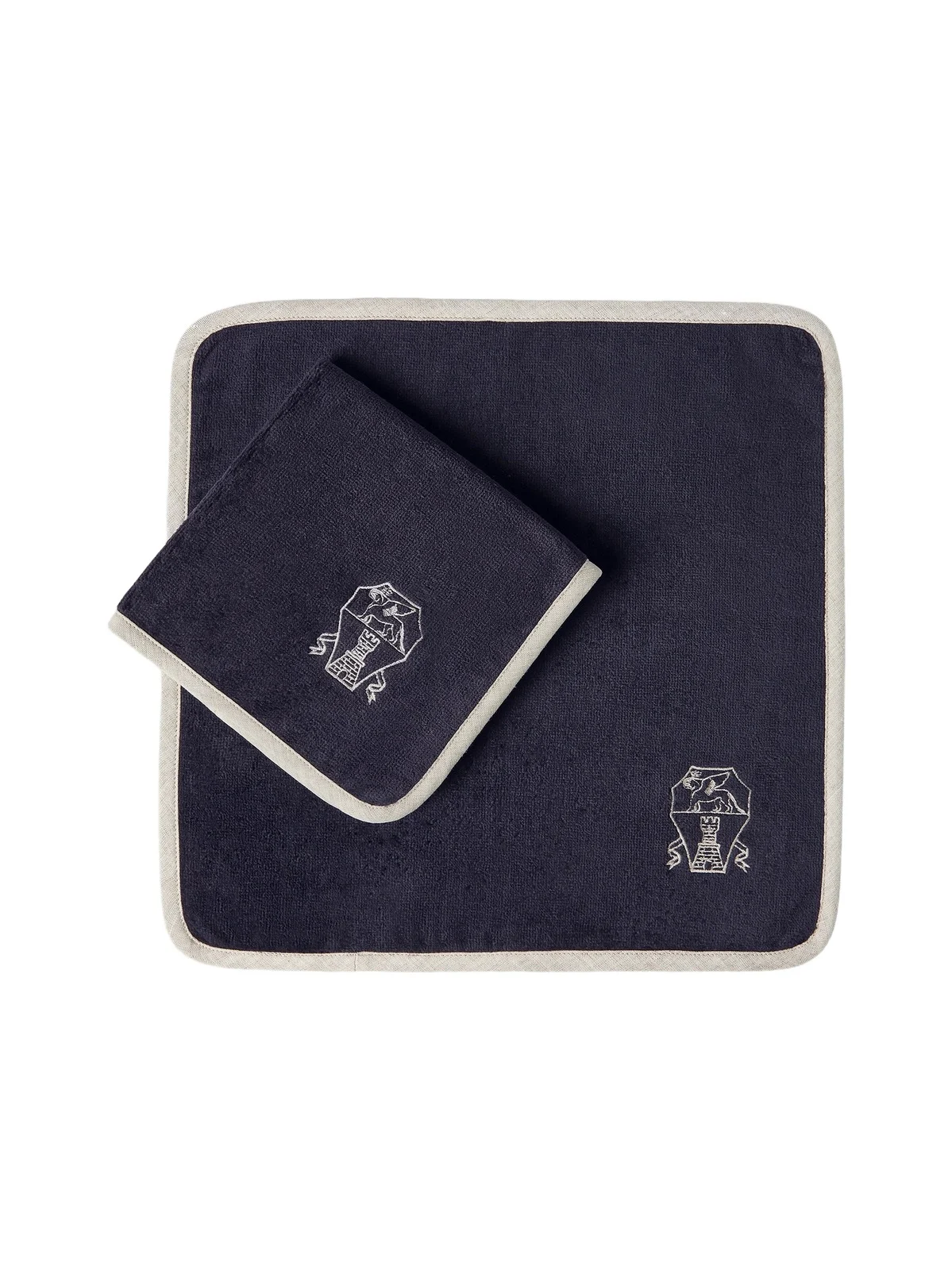Brunello Cucinelli 2 Piece Cotton Terrycloth Hand Towel Set with Embroidery - Navy Blue