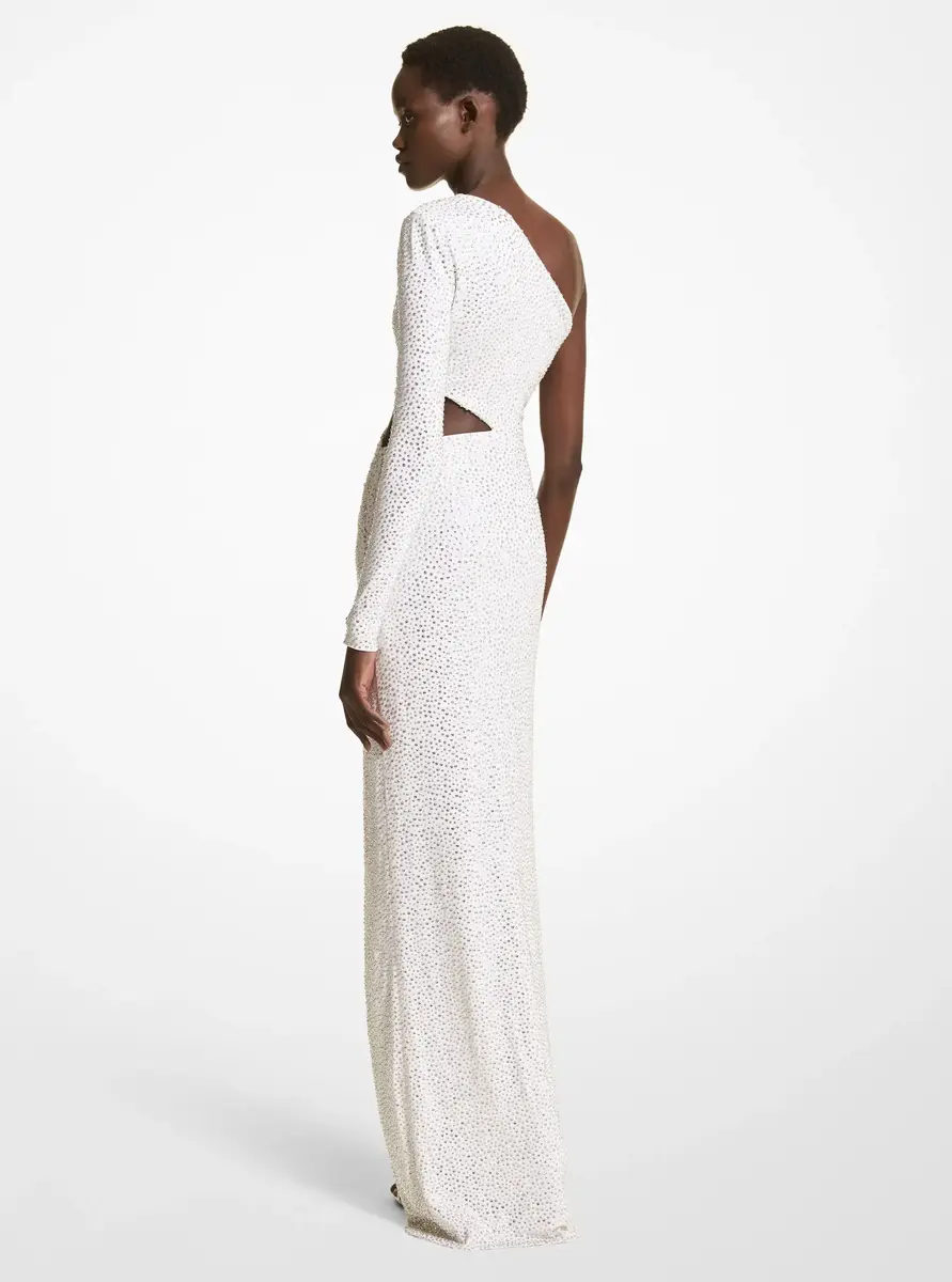 Michael Kors Collection Crystal Embroidered Stretch Jersey Asymmetric Gown in White | Thumbnail 2