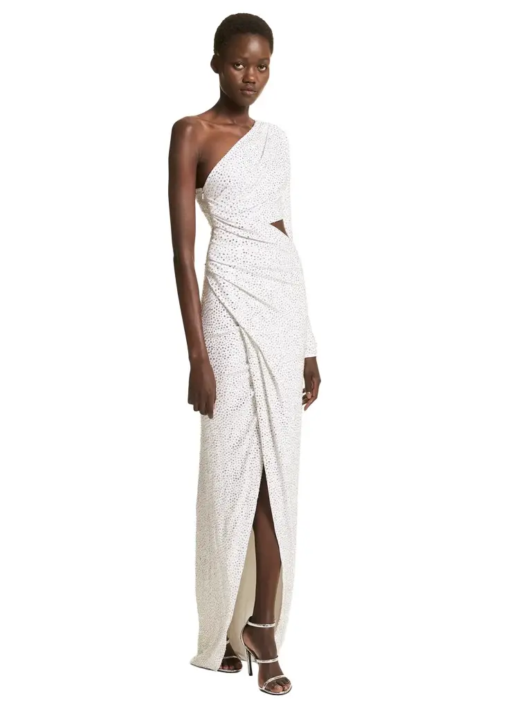 Michael Kors Collection Crystal Embroidered Stretch Jersey Asymmetric Gown in White | Image 1 Michael Kors Collection Crystal Embroidered Stretch Jersey Asymmetric Gown in White | Image 1