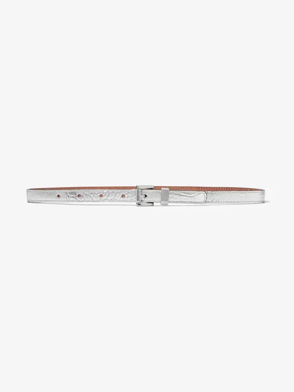 Michael Kors Collection Metallic Crocodile Embossed Leather Trouser Belt in Silver