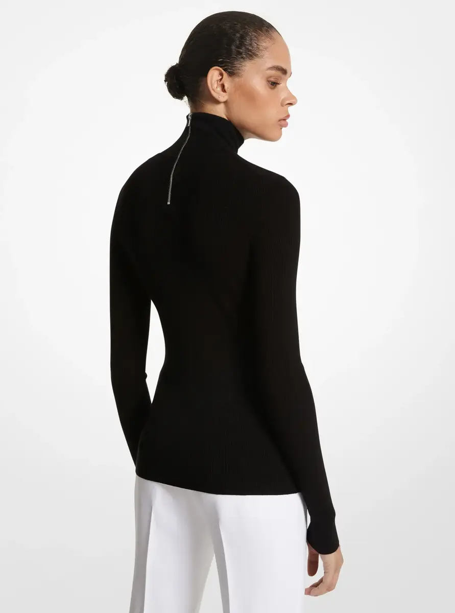 Michael Kors Collection Ribbed Stretch Viscose Turtleneck Sweater in Black | Thumbnail 2