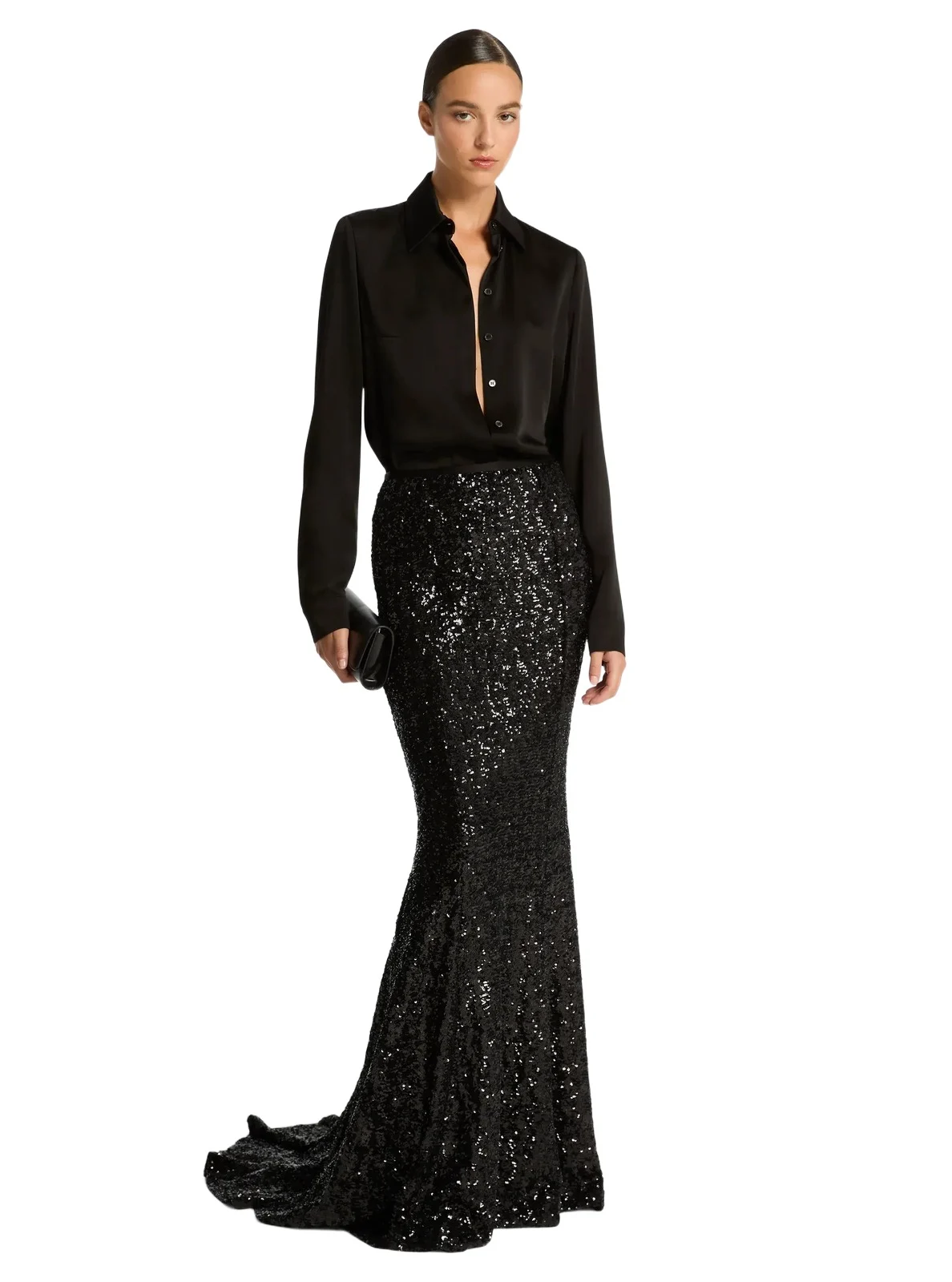 Sequin Embroidered Stretch Fishtail Skirt in Black Sequin Embroidered Stretch Fishtail Skirt in Black