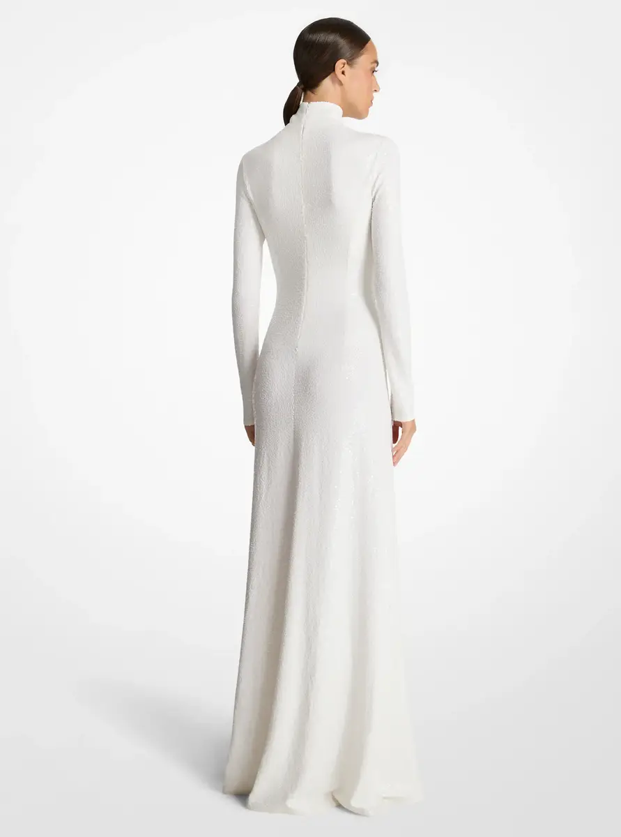 Michael Kors Collection Hand-Embroidered Sequin Stretch Matte Jersey Mock Neck Gown in White | Thumbnail 2