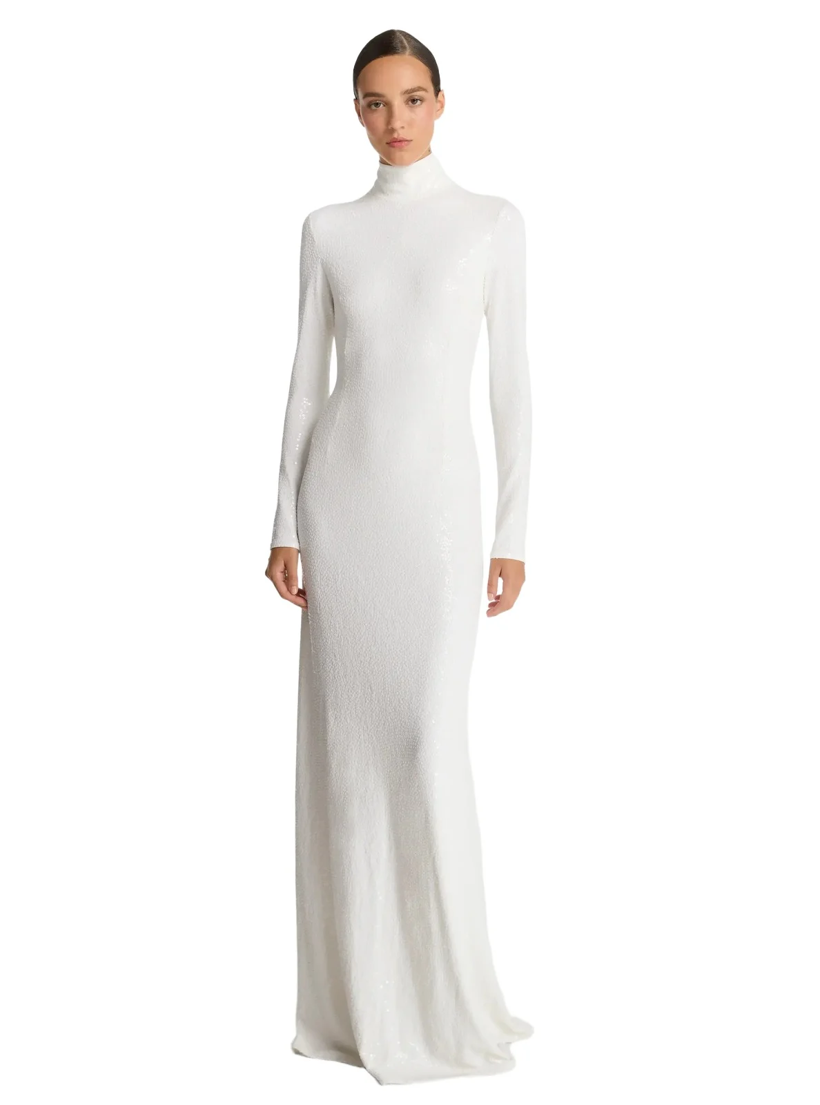 Hand-Embroidered Sequin Stretch Matte Jersey Mock Neck Gown in White