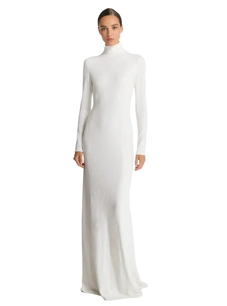 Michael Kors Collection Hand-Embroidered Sequin Stretch Matte Jersey Mock Neck Gown in White | Image 1 Michael Kors Collection Hand-Embroidered Sequin Stretch Matte Jersey Mock Neck Gown in White | Image 1