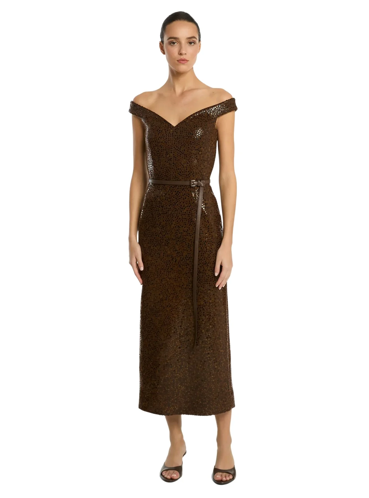 Michael Kors Collection Hand-Embellished Paillettes Crepe Off-The-Shoulder Dress in Brown