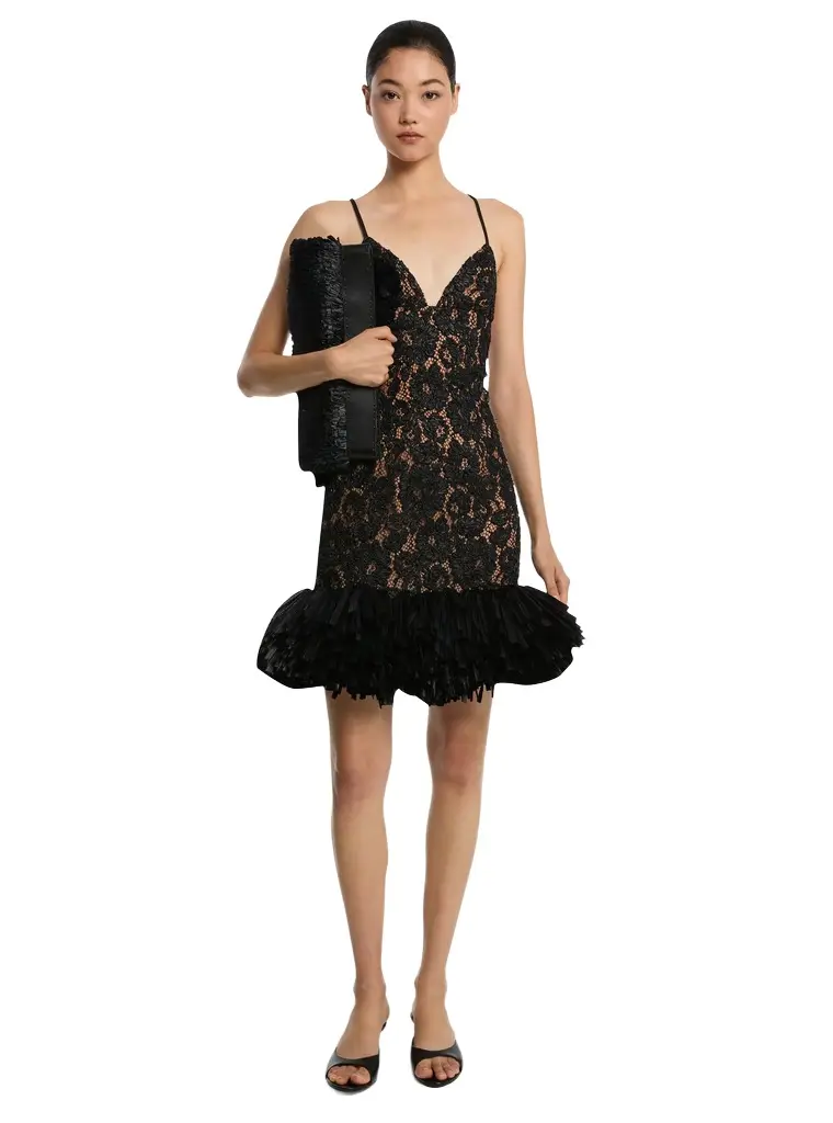 Michael Kors Collection Hand-Embroidered Floral Lace and Fringe Cocktail Shaker Dress in