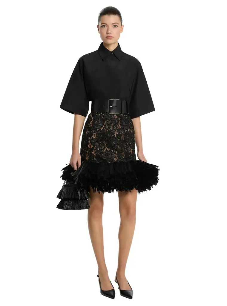 Michael Kors Collection Hand-Embroidered Floral Lace and Fringe Skirt in Black