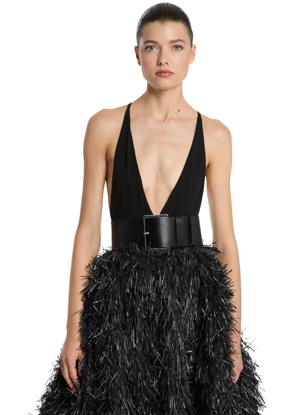 Michael Kors Collection Stretch Matte Jersey Plunge-Neck Bodysuit in Black