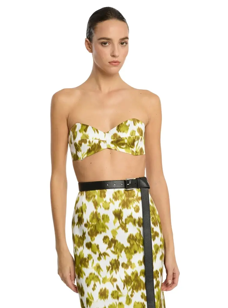 Michael Kors Collection Floral Chiné Satin Duchesse Bandeau Top in Green