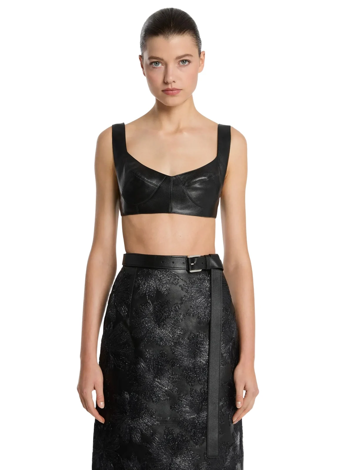 Michael Kors Collection Plongé Leather Bra Top in Black
