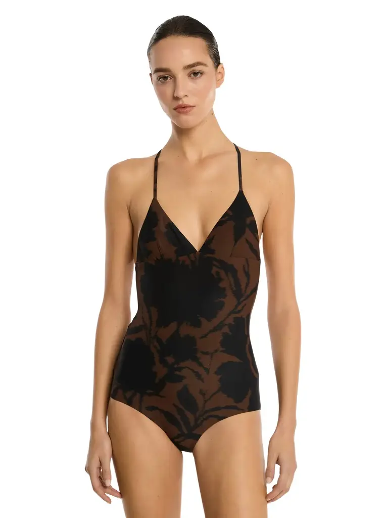 Michael Kors Collection Floral Chiné Crepe Crossback Swimsuit in Black