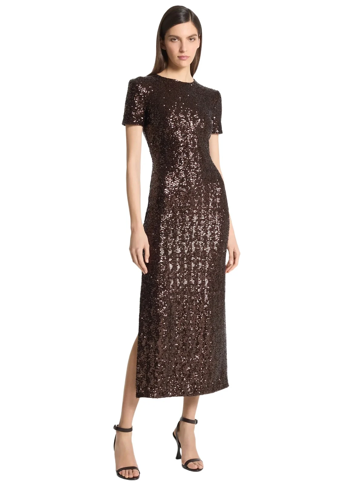 Sequined Stretch T-Shirt Midi Dress in Brown Sequined Stretch T-Shirt Midi Dress in Brown